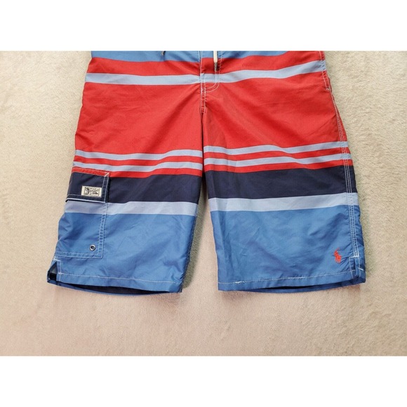 Polo Ralph Lauren Swim Shorts‎ Men's Red Blue Striped Lined Slit Logo Drawstring - Picture 4 of 6